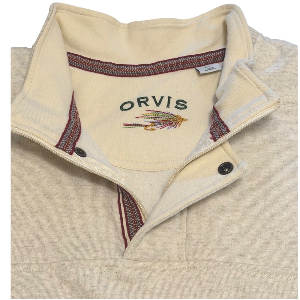 Orvis Mens XXL Oatmeal‎ Heather Fleece Quarter Zip Snap Pullover Sweatshirt Fly